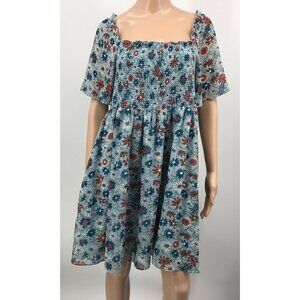 Madewell Flutter Sleeve Floral Wildflower Garden Blue Smocked Summer Dress Sz L